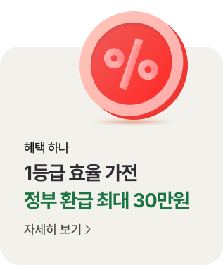 '혜택 하나. 1등급 효율 가전. 정부 환급 최대 30만원. 자세히 보기' 텍스트가 배치되어있고, 상단에 %가 그려진 동전 아이콘이 있습니다.