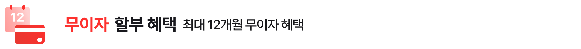 '무이자 할부 혜택. 최대 12개월 무이자 혜택' 텍스트가 배치되어 있고, 좌측에 12가 쓰여진 달력 아이콘과 신용카드 아이콘이 배치되어있음
