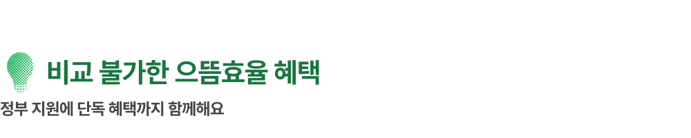 혜택 모음 영역에 대한 타이틀로 '비교 불가한 으뜸효율 혜택. 정부 지원에 단독혜택까지 함께해요' 텍스트가 배치되어 있고, 좌측 상단에 전구 아이콘이 배치되어있습니다.