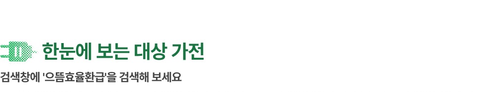 한눈에 보는 대상 가전 영역의 타이틀로 '한눈에 보는 대상 가전. 검색창에 '으뜸효율환급'을 검색해 보세요' 텍스트가 배치되어 있고, 좌측 상단에 콘센트 모양의 아이콘이 배치되어있습니다.