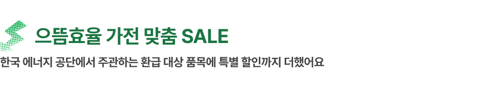 으뜸효율 추천 '가전 제품' 영역의 타이틀로 '으뜸효율 가전 맞춤 SALE. 한국 에너지 공단에서 주관하는 환급 대상 품목에 특별 할인까지 더했어요' 텍스트가 배치되어 있고, 좌측 상단에 번개 모양의 화살표가 좌하단 모양을 가리키고 있습니다.