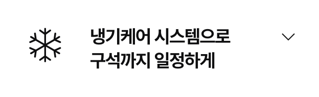 우측에는 '냉기케어 시스템으로 구석까지 일정하게' 라는 문구가 있고 좌측에는 여섯 개의 가지가 뻗어 나가는 눈꽃송이 아이콘이 있음