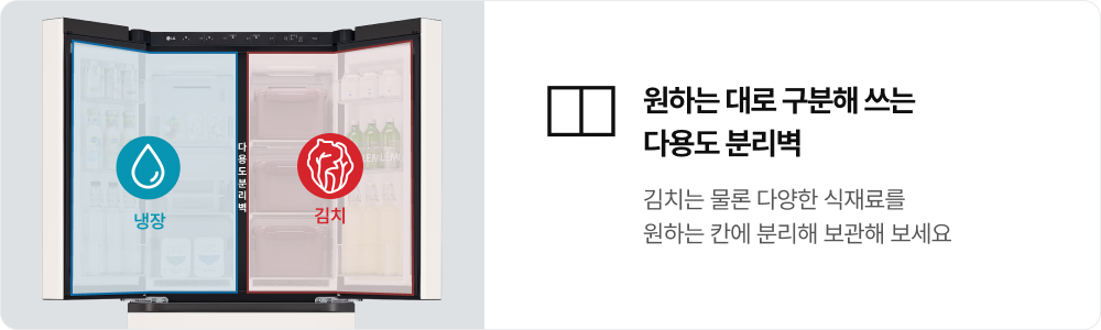 우측에는 '원하는 대로 구분해 쓰는 다용도 분리벽. 김치는 물론 다양한 식재료를 원하는 칸에 분리해 보관해 보세요' 라는 문구가 있고 좌측에는 파란색의 냉장 칸, 오른쪽은 붉은색의 김치 칸으로 나뉘어 식재료가 보관된 냉장고 이미지가 있음