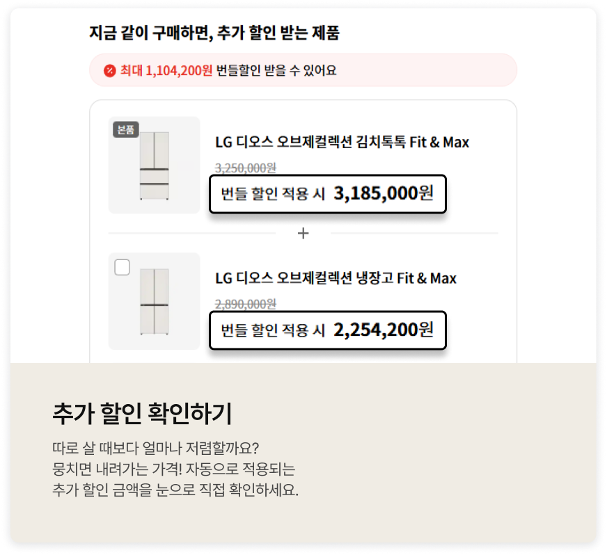 추가 할인 확인하기 가이드. 번들 할인 적용 시 할인된 최종 가격을 확인하는 화면
