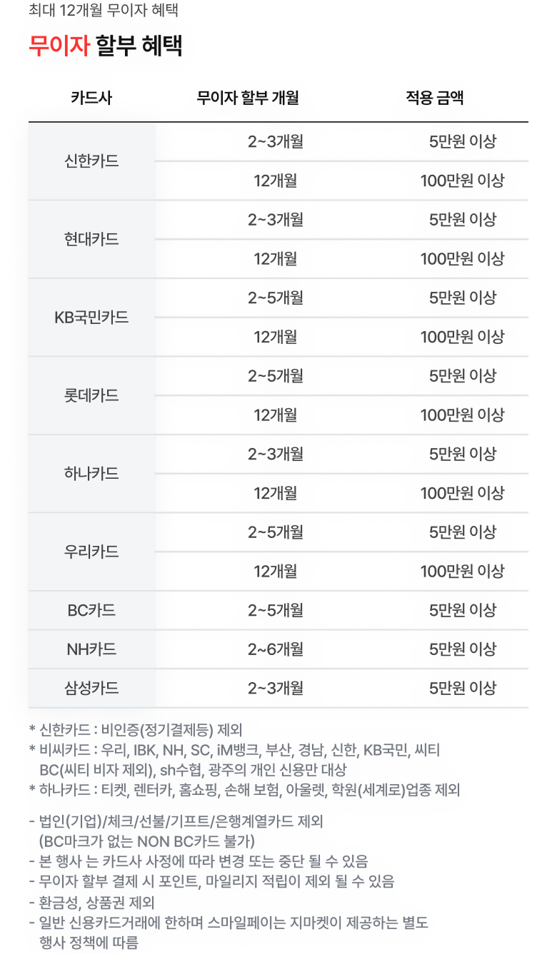 카드사별 무이자 할부 혜택 안내 (최대 12개월 무이자 및 적용 금액 상세 정보 포함)