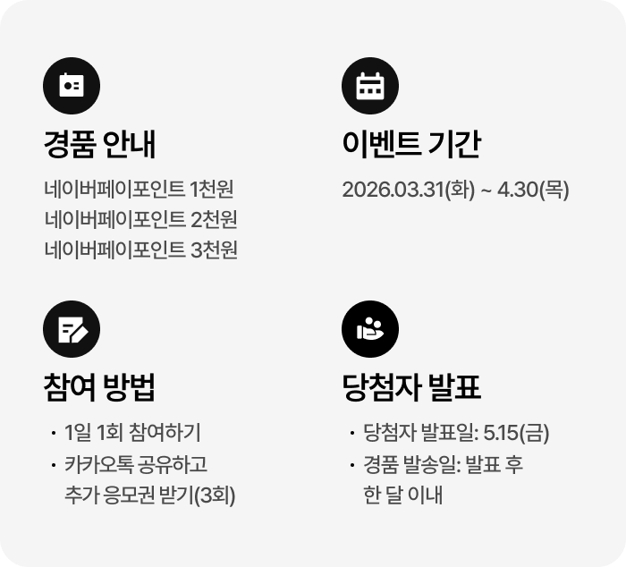 경품 안내, 이벤트기간, 참여방법, 당첨자 발표에 관한 내용을 담은 이미지