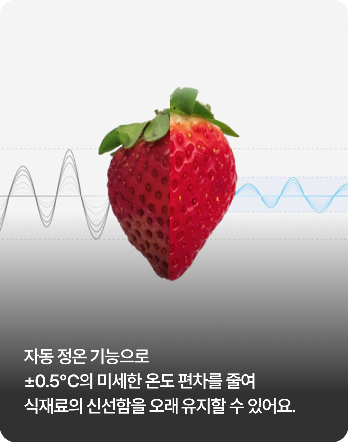 세로로 반이 나뉜 딸기. 왼쪽의 다소 어둡고 시든 딸기 뒤편으로는 진폭이 큰 회색 파동 그래프가 있고, 오른쪽의 밝고 신선한 딸기 뒤편으로는 진폭이 작은 파란색 파동 그래프가 그려져 있어 온도 편차에 따른 신선도 차이를 보여줍니다.