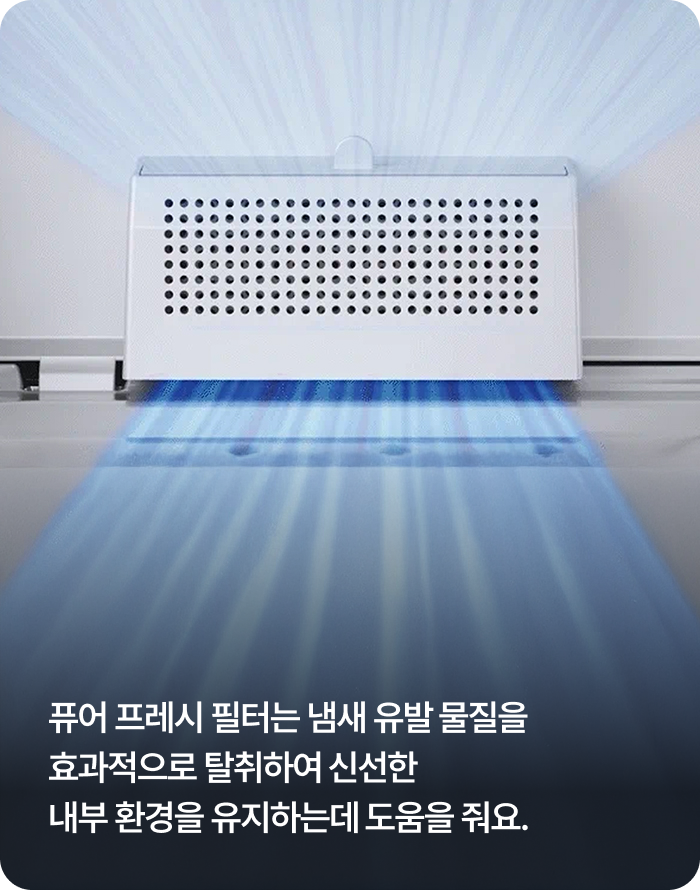 수많은 작은 구멍이 뚫린 직육면체 모양의 흰색 퓨어 프레시 필터 장치. 장치의 위와 아래 방향으로 푸른색 빛줄기가 넓게 퍼져나가는 그래픽 효과를 통해 정화된 공기가 순환하는 모습을 표현하고 있습니다.