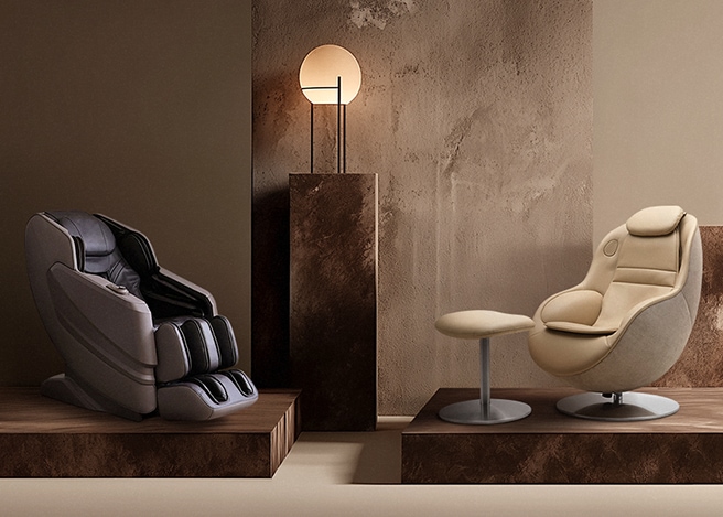 브라운톤 배경에 좌측에는 LG 힐링미 안마의자(MX8)이 보이고, 우측에는 LG 힐링미 오브제컬렉션 안마의자 아르테가 배치되어 있습니다