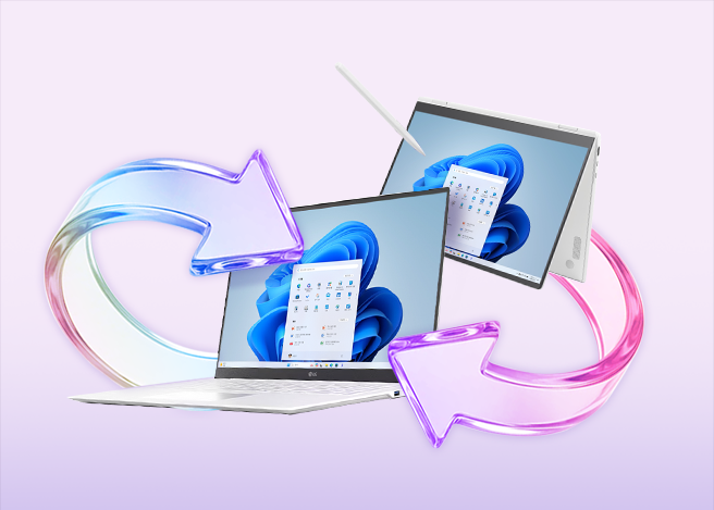 앞쪽에는 LG 그램 노트북, 뒤쪽에는 화면이 회전된 LG 그램 360 노트북이 교환되는 듯한 형상의 보라색 화살표 그래픽으로 연결되어 있는 모습입니다.