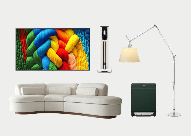 화이트 배경에 LGE.COM 신한카드 문구와 LG 나노셀 TV, 코드제로 A9, 곡선 소파, 식기세척기, 톨로메오 조명이 배치되어 있습니다.